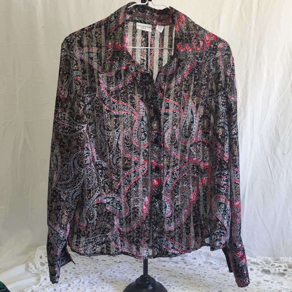 Covington Long Sleeve Sheer Button Down Blouse.